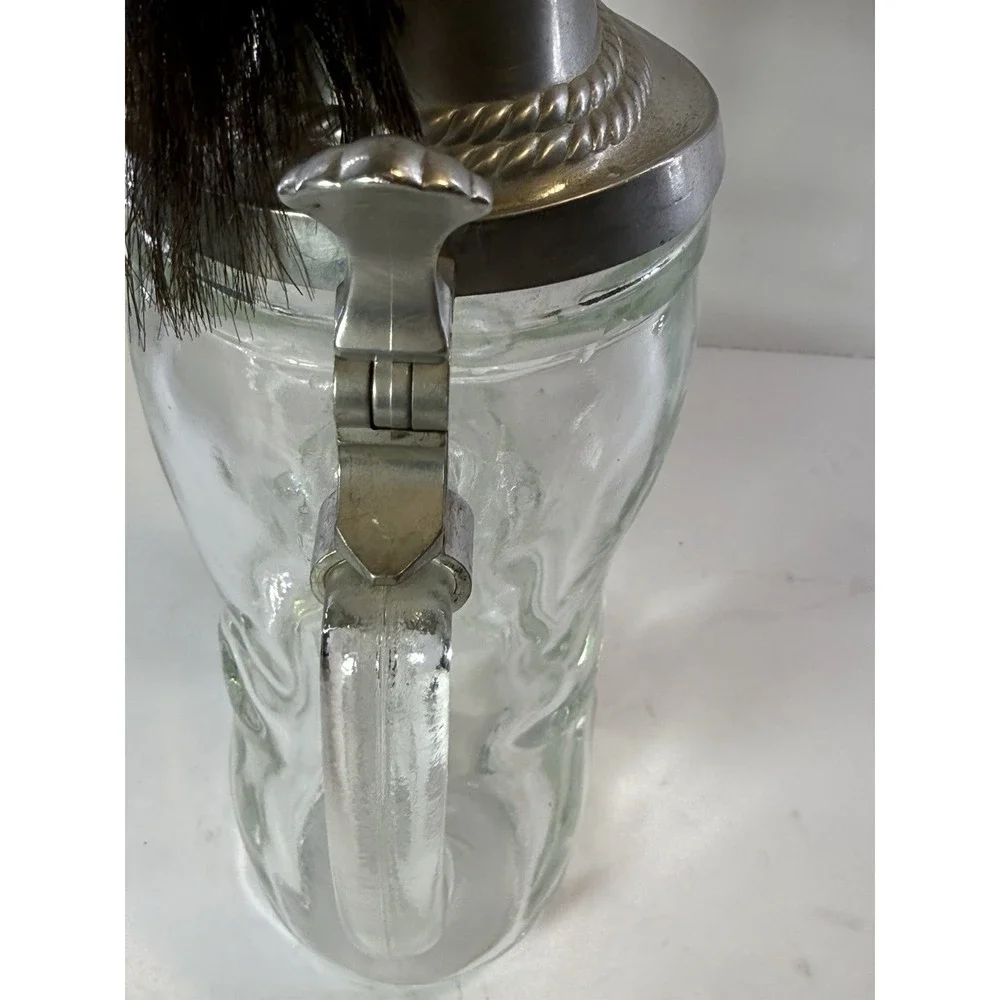 Vintage BMF German Glass Beer Boot Stein Pewter Alpine Hat Lid Hair Plume 8.5